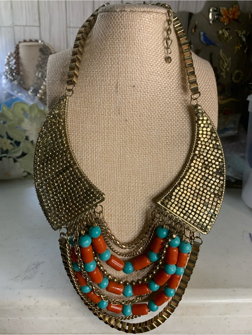 Bajalia-Boho Gold-Tone Statement Necklace with Metal, Turquoise and Coral Beads